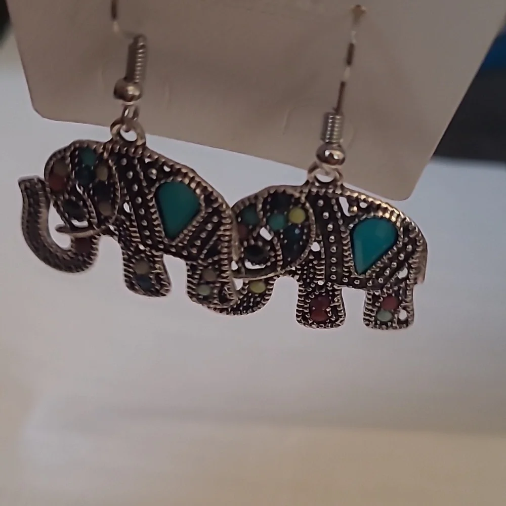 Elegant Silver and  Multicolor Dangle Elephant Earrings - Picture 5 of 6